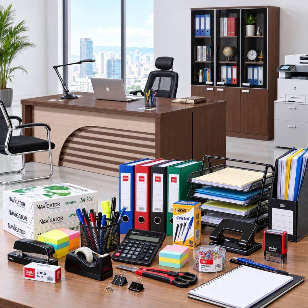 Bureau équipé, sièges, armoires et fournitures de classement