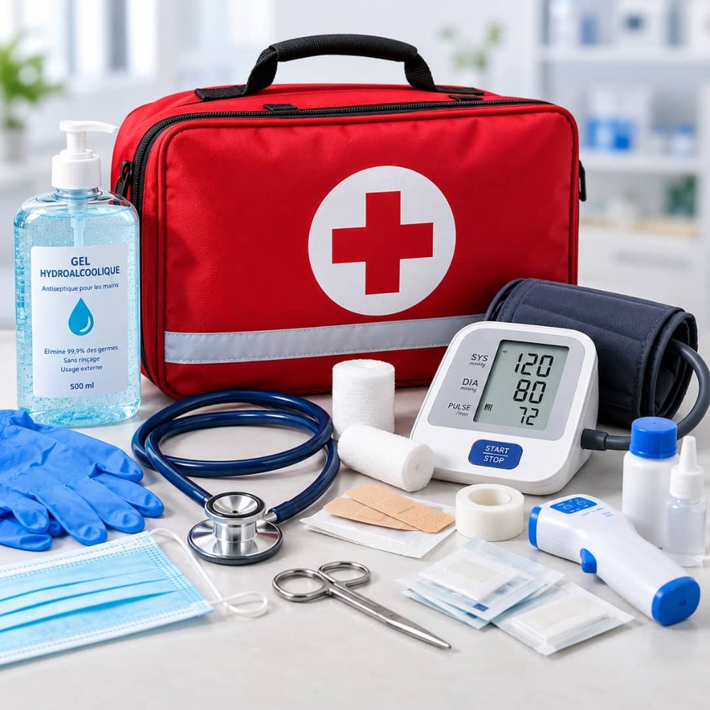 Trousse de secours, tensiomètre et consommables de soin